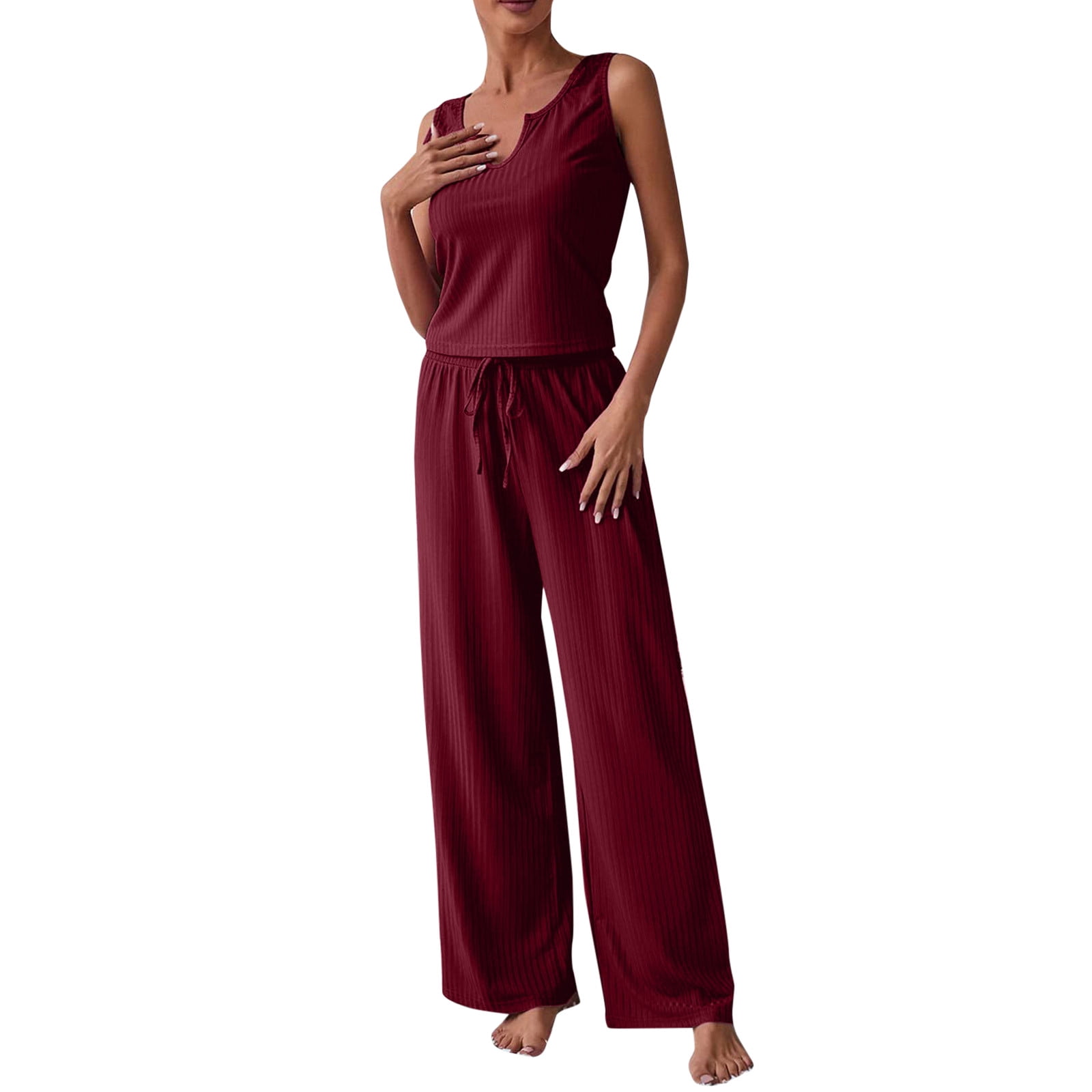 Womens 2 Pieces Outfits Casual VNeck Slim Sleevesless Tank Top and