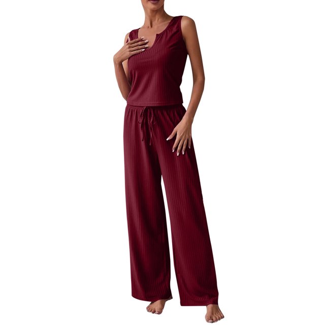 Blusa sin mangas con cuello en V informal para mujer a la moda + Pantalones largos Conjuntos sólidos de verano Wmkox8yi bvn549
