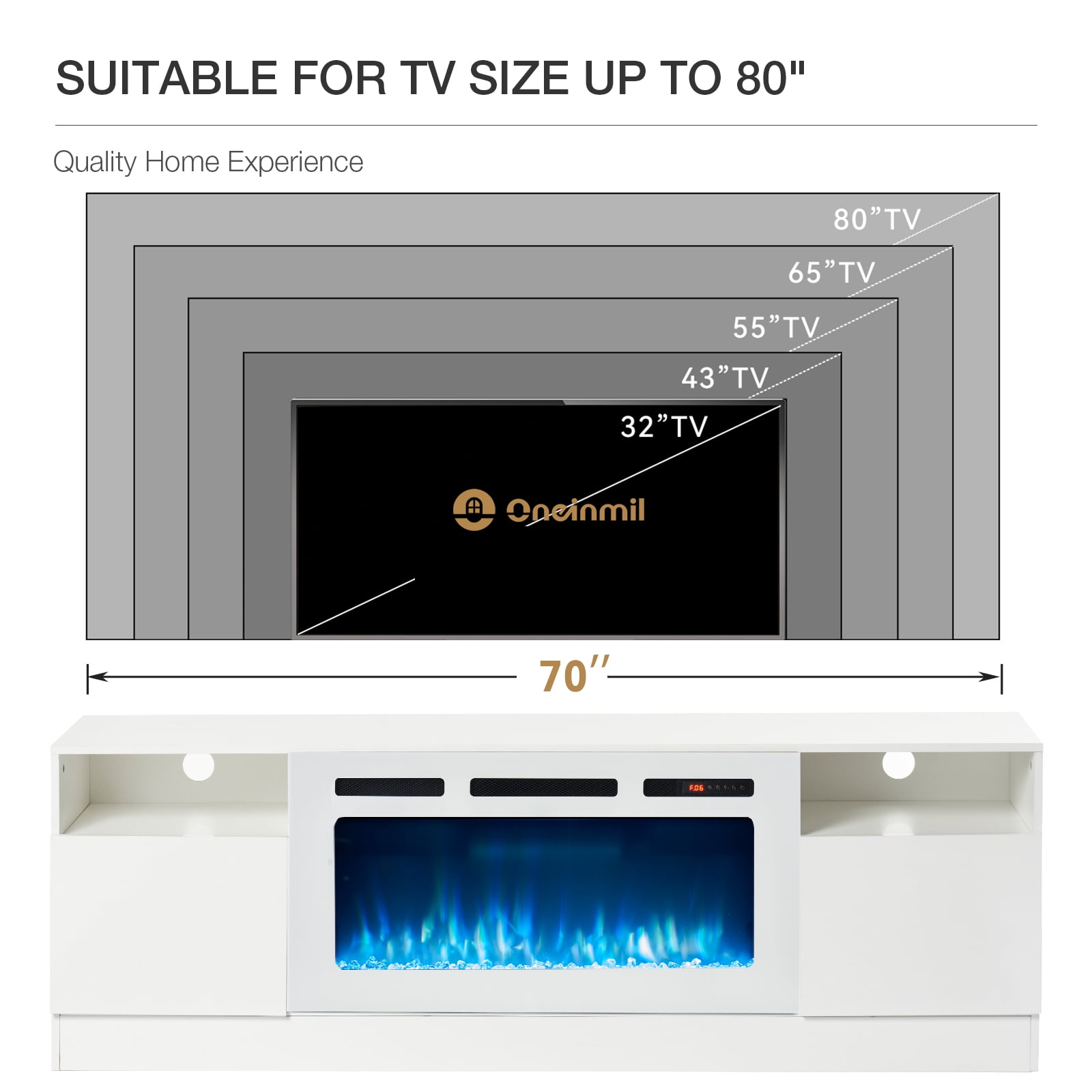 Easoger Fireplace TV Stand for TVs up to 80", TV Stand with 36'' Electric Fireplace, LED Lights Entertainment Center, TV Console, White