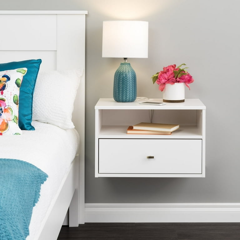 Prepac Floating Bedroom Modern 1 Drawer Nightstand with Open Shelf White