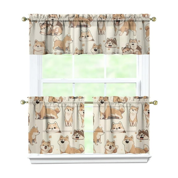 Farmhouse Window Curtains Set of 3 - Funny Puppy & Abstract Art, Tier Panels with Rod Pocket, Modern Home Decor
