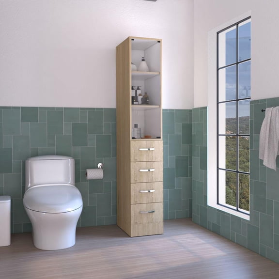 We Have Furniture Linen Cabinet Epic, Three Shelves, Four Drawers, Light Pine / White Finish