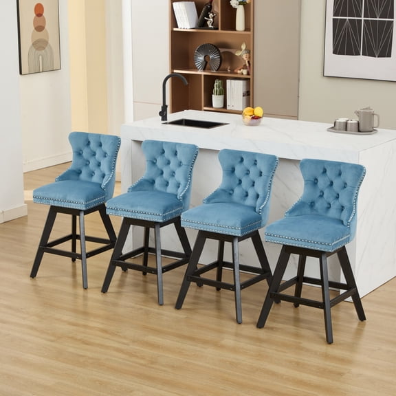 Swivel Bar Stools Set of 2, Counter Height Bar Stools with Back & Button Tufted Decoration, Velvet Upholstered with Rubberwood Legs & Chrome Nailhead Trim, Light Blue