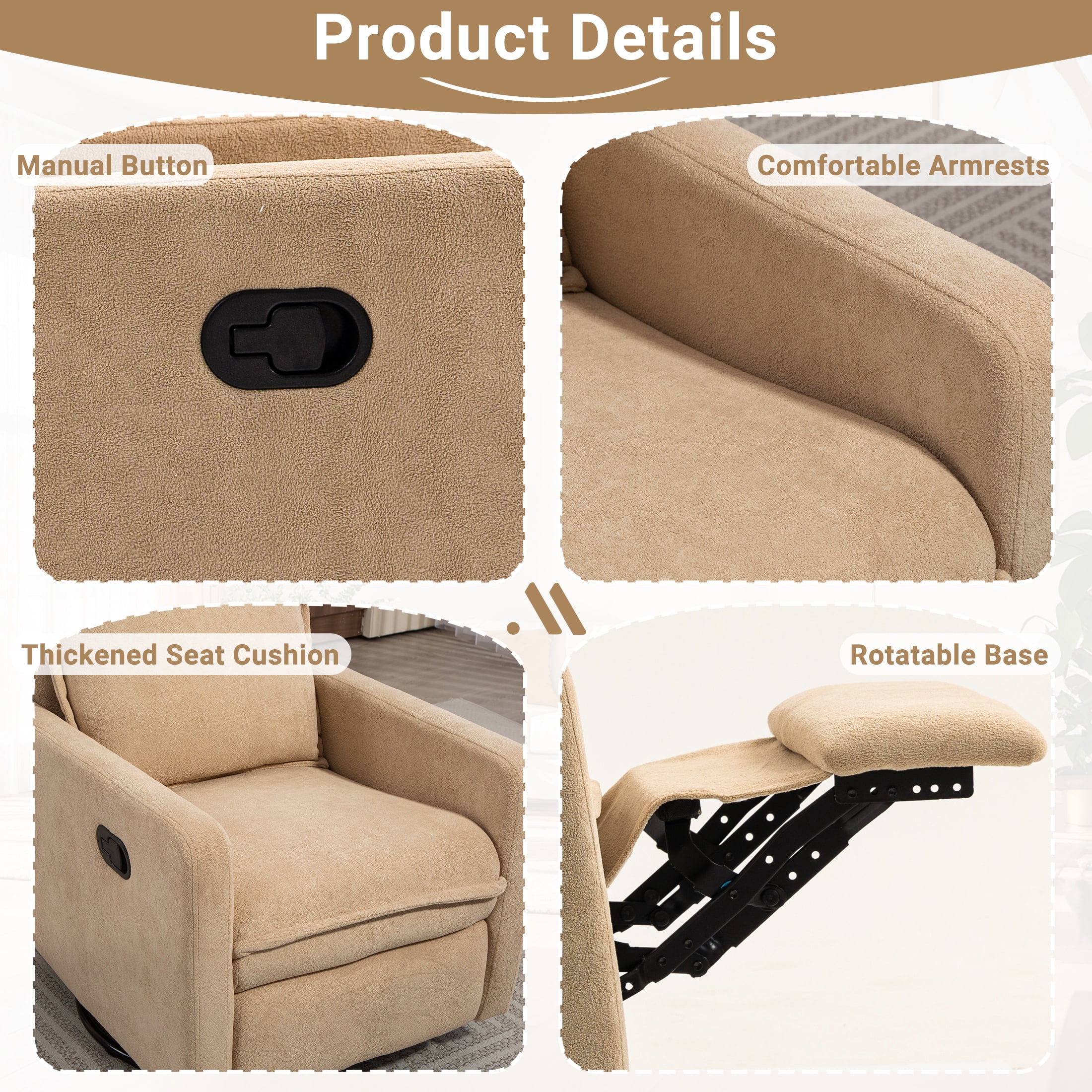 HSUNNS 360° Swivel Rocker Recliner for Adults, Small Rocking Recliner for Small Spaces, Glider Recliner for Nursery, Rocking Chair , Manual Recliner Chair for Living Room, Bedroom, Camel