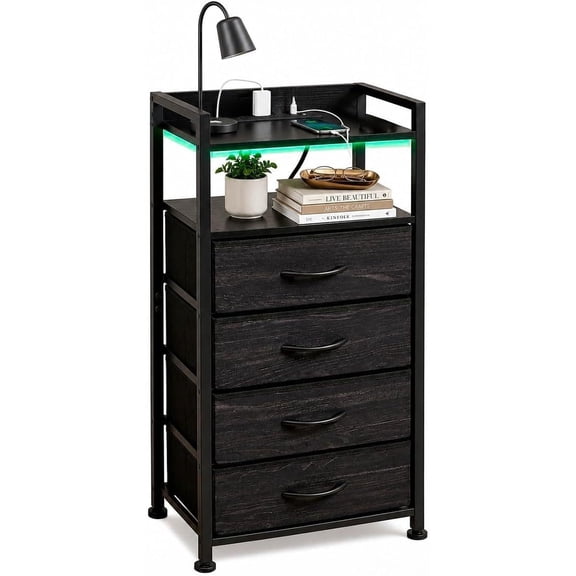 Buro para Recámara con Estación De Carga Mesa De Noche para RecámaraMesita De Noche Retro Muebles para Recamara Mesa Auxiliar Buro para Dormitorio y Sálon (Negro)