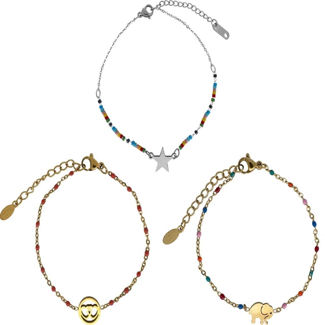 Kit de Tres Pulseras Estrella Corazones y Elefante Acero Inoxidable Horoz WH64