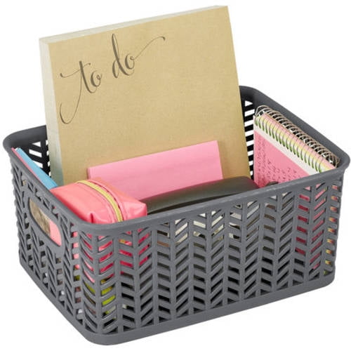 Simplify Small Herringbone Storage Bin Basket in Gray Polypropylene