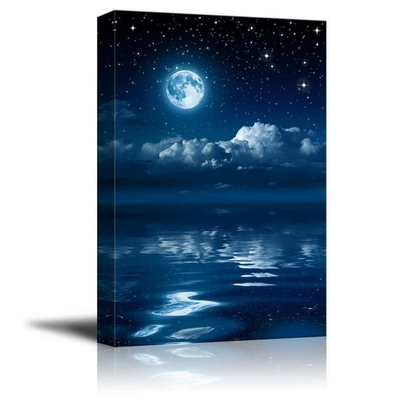 Wall26 Canvas Prints Wall Art - Full Moon Gleaming Over Water | Modern Wall Decor/Home Decoration Stretched Gallery Canvas Wrap Giclee Print. Ready to Hang - 12" x 18"
