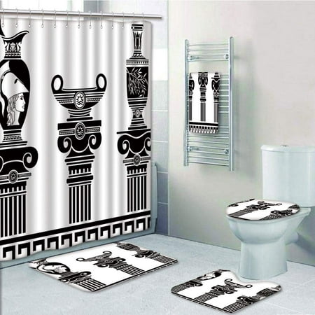 PRTAU Toga Party Set of Hellenic Vases Ionic Columns Artistic Amphora Antiquity 5 Piece Bathroom Set Shower Curtain Bath Towel Bath Rug Contour Mat and Toilet Lid