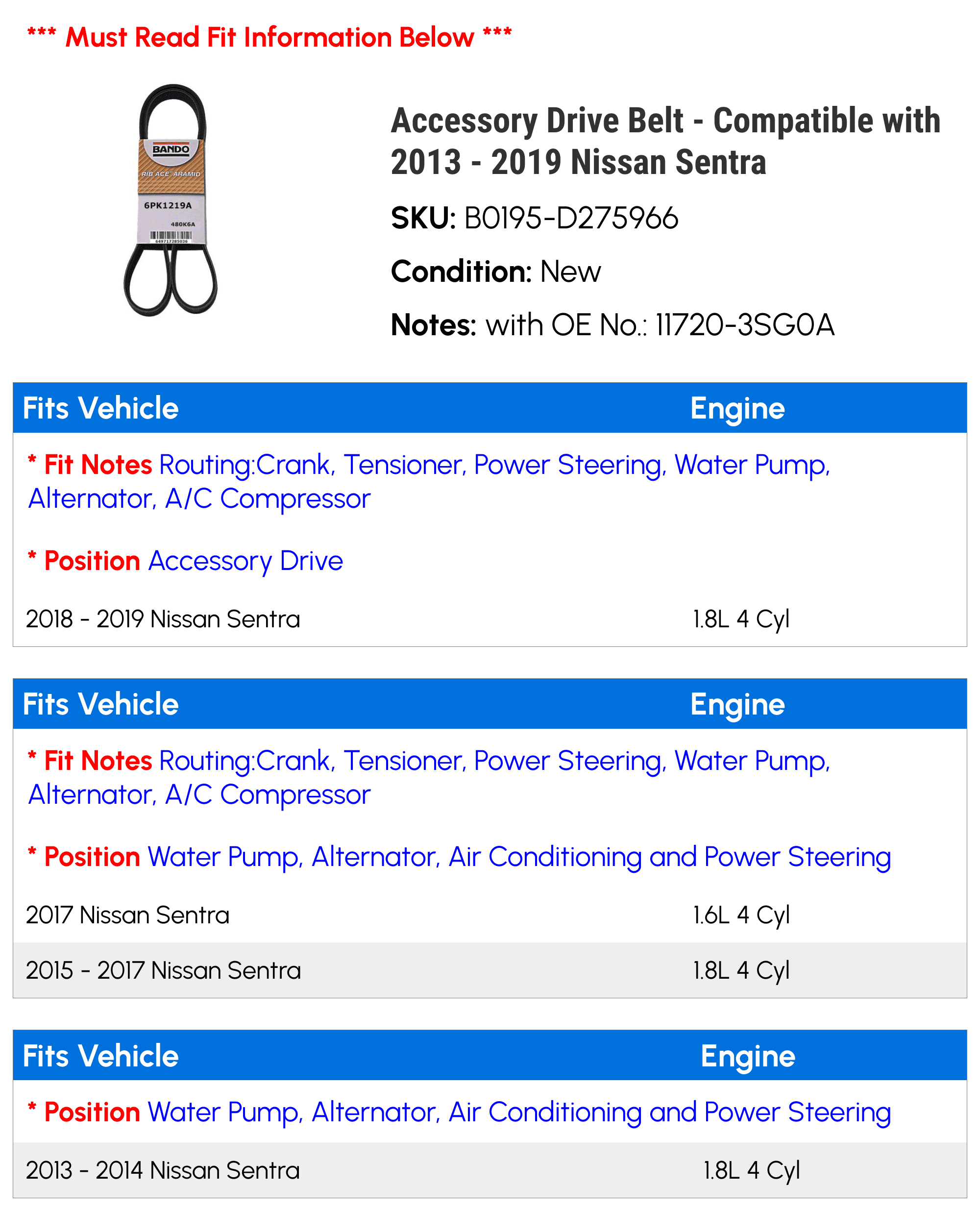 Accessory Drive Belt - Compatible with 2013 - 2019 Nissan Sentra 2014 2015 2016 2017 2018