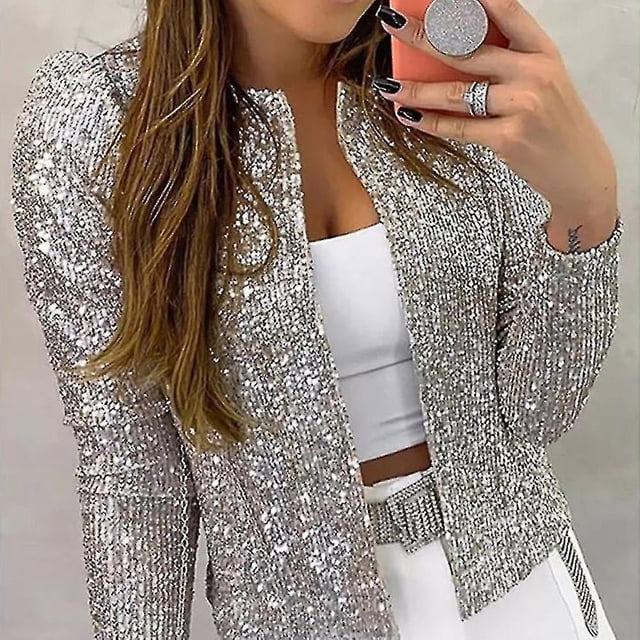 Cárdigan de mujer de manga larga con lentejuelas brillantes, chaqueta informal con frente abierto para mujer