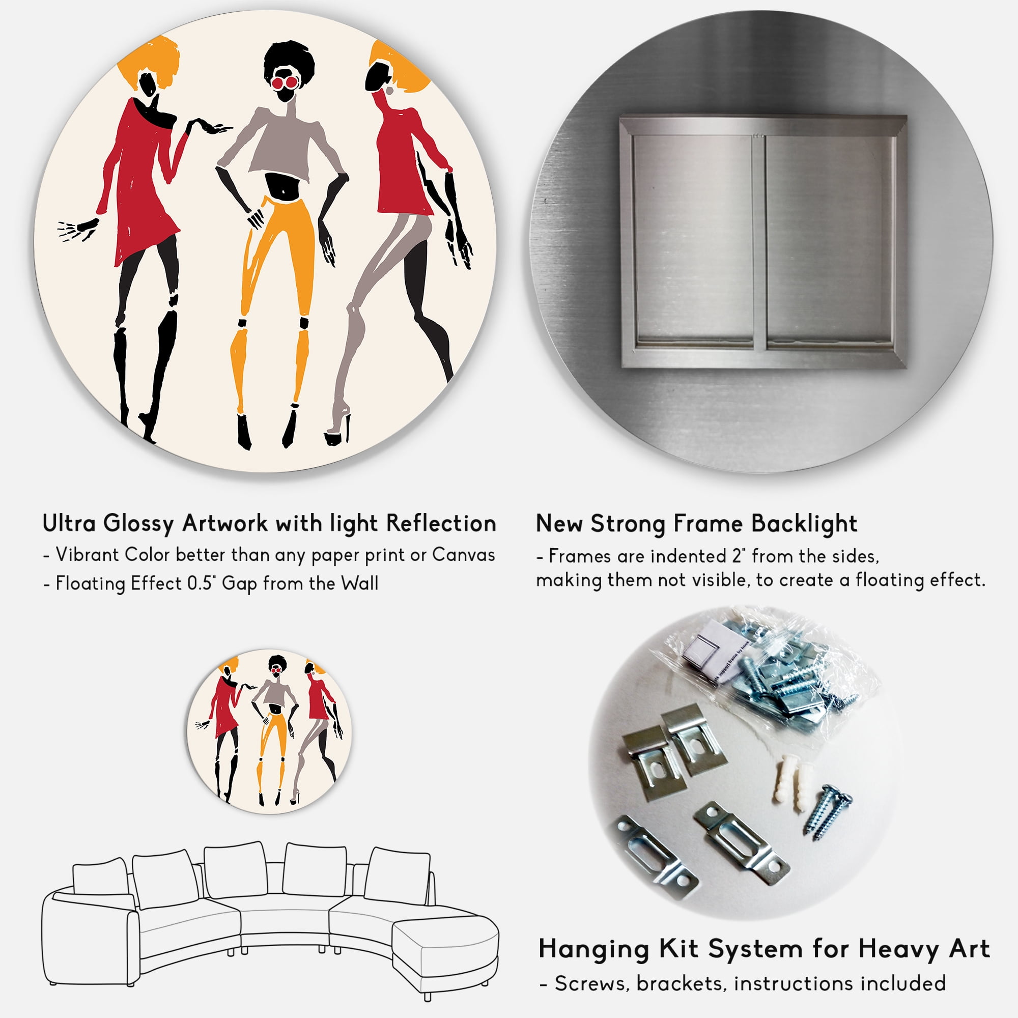 Designart 'African American Women Silhouettes Red and Yellow I' Modern Circle Metal Wall Art 23x23 - Disc of 23
