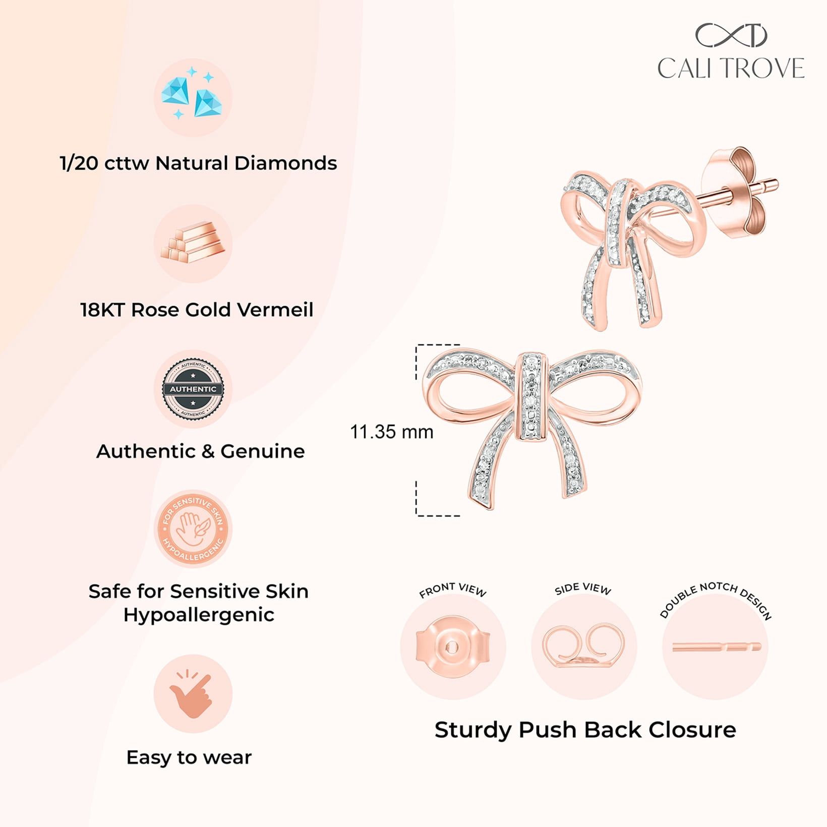 1/20 Ct Diamond Bow Stud Earrings 18KT Rose Gold Vermeil on Sterling Silver, Womens Jewelry Gift