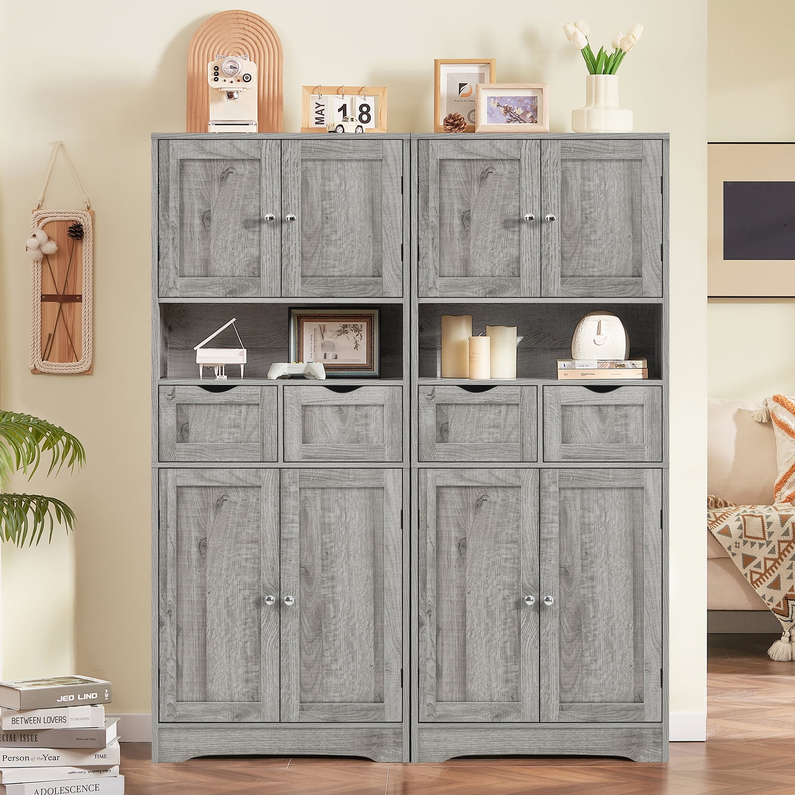 57.8" H Tall Storage Cabinet with Adjustable Shelf, Bathroom Cabinet with 2 Drawers, Linen Cabinet for Living Room, Black