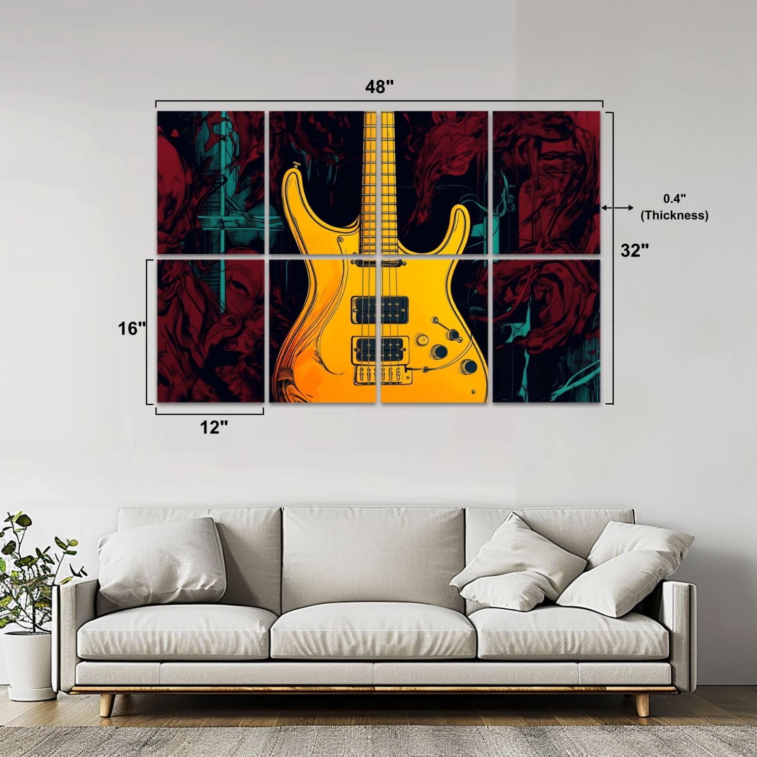 Musical 8 Pack Art Acoustic Panels Sound Absorbing Yellow Electric Guitar Abstract Dark Red Decorative Soundproof Wall Panels Self Adhesive for Nursery Game Room Music Classroom 48"x32"