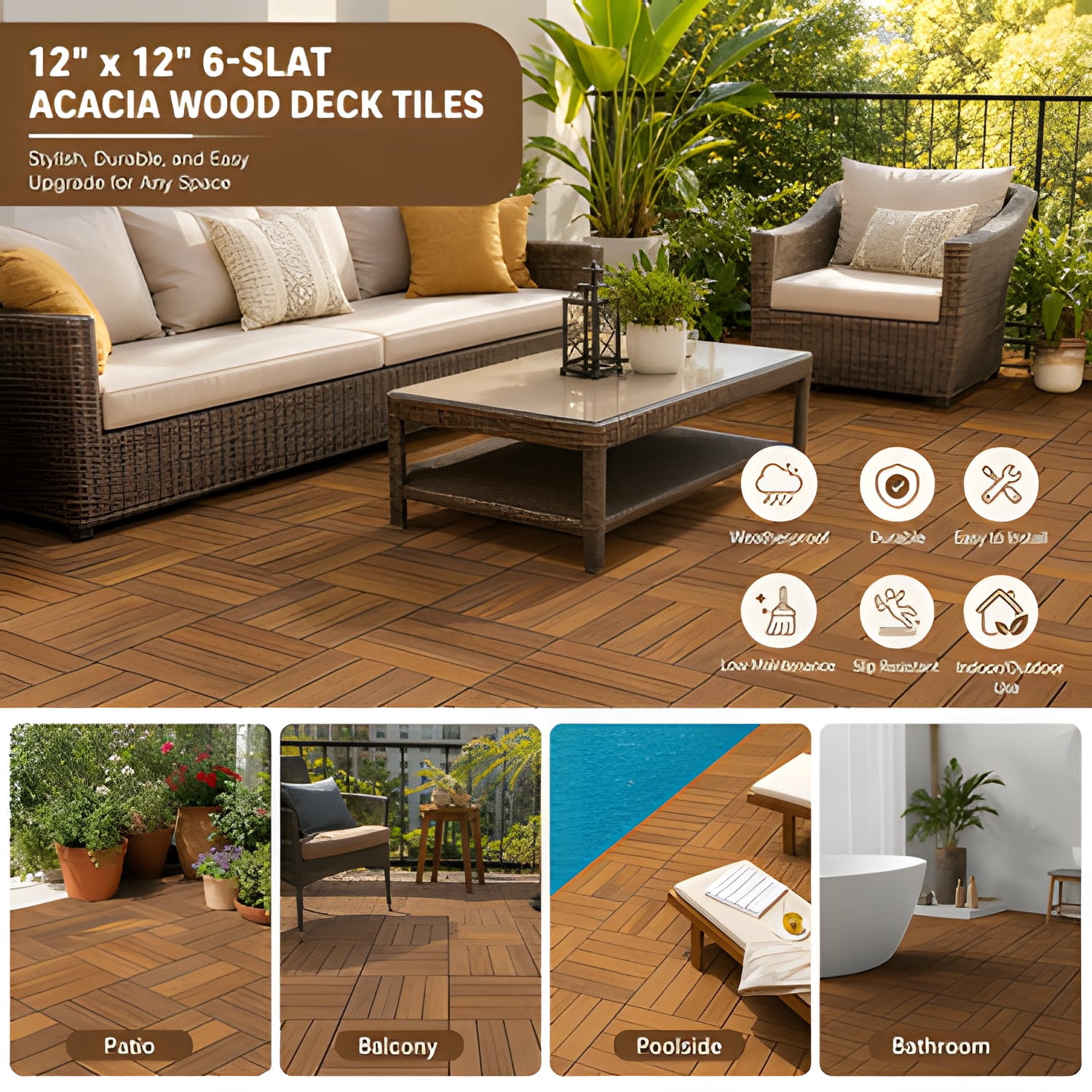 12" x 12" 6-Slat Acacia Wood Interlocking Deck Tiles, Weatherproof Floor Tiles for Patio, Balcony, Poolside, Bathroom & Indoor/Outdoor Use
