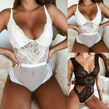 Full Back Bodysuit - Women Full Lace Bodysuit Lingerie Sleeveless V Neck Stretch Leotard Jumpsuit Top