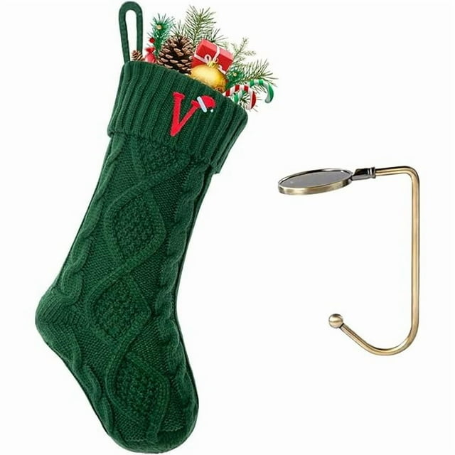 wonima44 Christmas Stockings with Initials, Letter V Embroidered Xmas Stockings, 18" Large Monogram Knitted Xmas Stocking, Christmas Party Fireplace Family Hanging Stocking Decorations(1 Pack, Green)