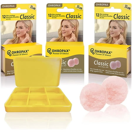 

Ohropax Reusable Wax/Cotton EarPlugs (12 Count) - 3 Pack with 6 Compartment Yellow Container