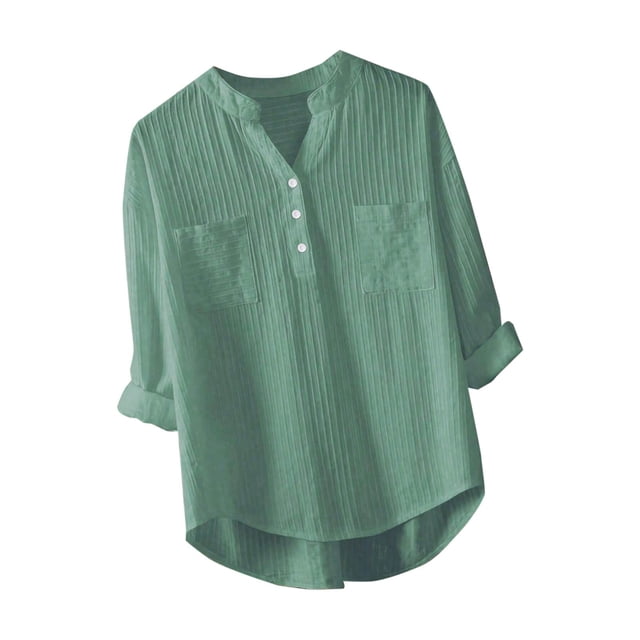 Timegard Womens Tops Notched V-Neck Button Long Sleeve Lightweight Tshirts Fall Casual Loose Tops Blouse