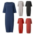 thumbnail image 4 of OUSITAID Vintage Été Femmes Couleur Unie O Cou Demi Manches Lin Doux Robe Midi en Vrac, 4 of 8