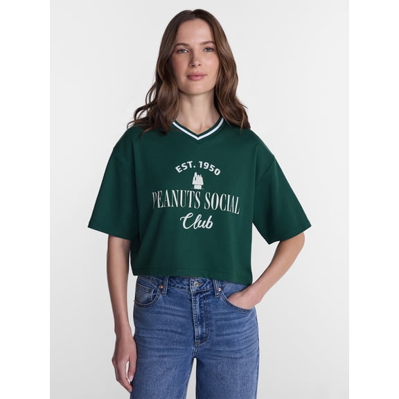 Peanuts Women's Snoopy French Terry Varsity Graphic Tee with Short Sleeves, Sizes XXS-XXL