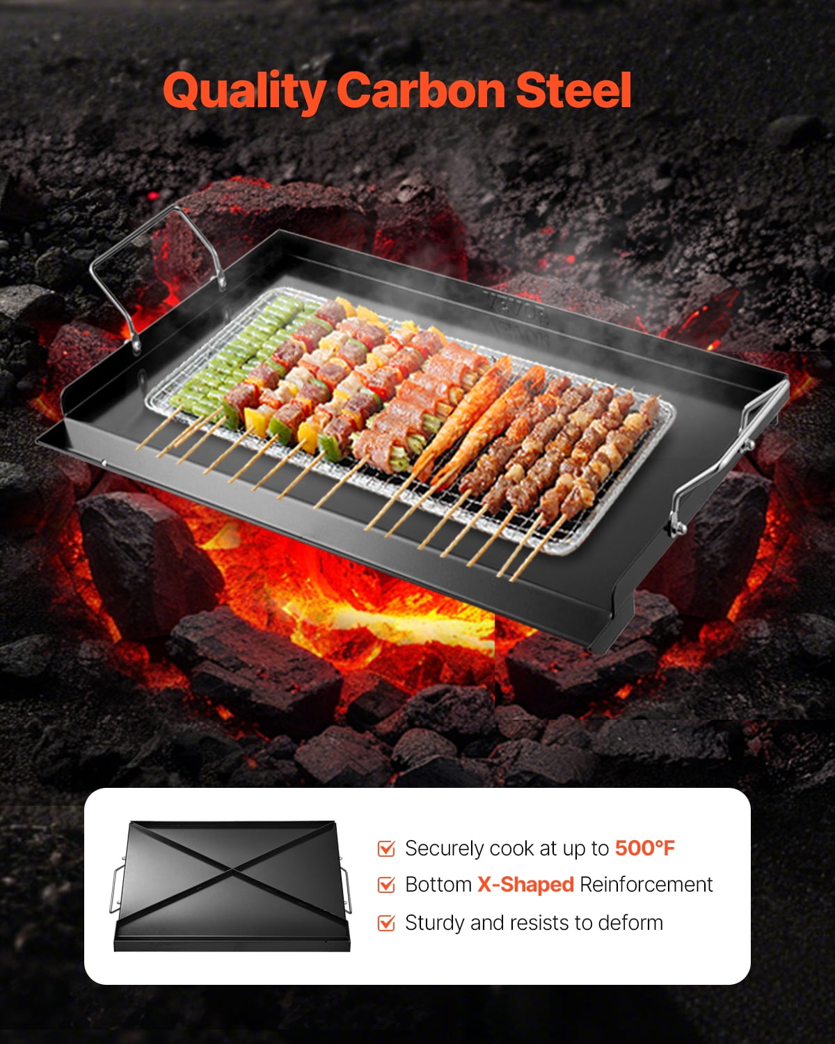 VEVOR Carbon Steel Griddle, 24x16 inch Universal Flat Top Rectangular Plate, Gas Grill Griddle for BBQ Grill, Teppanyaki, Portable Family Cookware with Handle, for Camping Tailgating Party