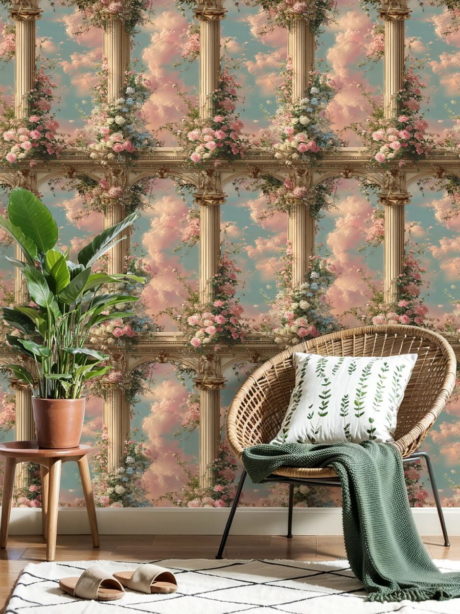 Peel and Stick Wallpaper Classical Columns Wrapped Roses Pastel Clouds Ornate Floral Wall Mural 23.6in x 9.8ft Self Adhesive Removable Wall Paper Renter Friendly Wallpaper for Bedroom