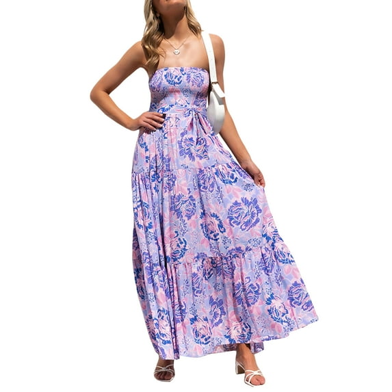 Qiylii Women Summer Beachwear Dress, Strapless Pleated Elastic Chest Floral Cake Dresses for Female