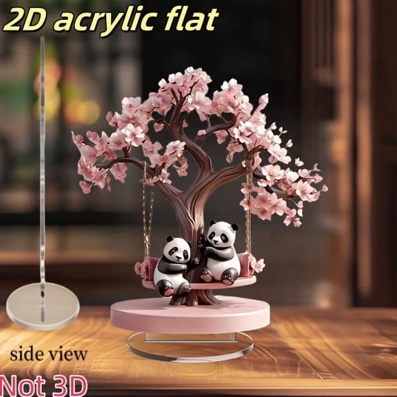 2D Acrylic Panda Cherry Blossom Tree - Desktop Art Decoration, Cute Swing Panda Ornament for Home Office Desk Holiday Gift