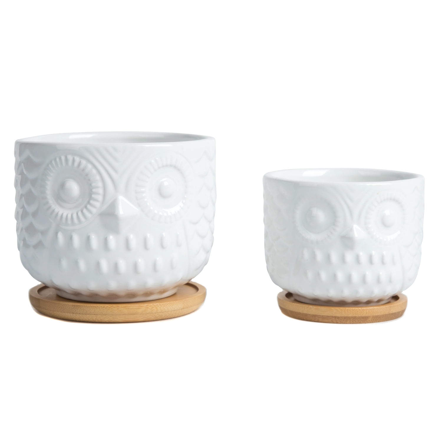 K-Cliffs Owl Succulent Planter, Animal  Pots with Drainage Hole and Bamboo Saucer, Set of 2, Color; White