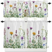 Spring Flower Kitchen Curtains and Valances Set, Purple Yelllow WildFlower Rod Pocket Window Valance 18 Inch Plants Farmhouse Window Curtain Panels for Living Room Bedroom Laundry, 27.5x36in, 3 Pieces