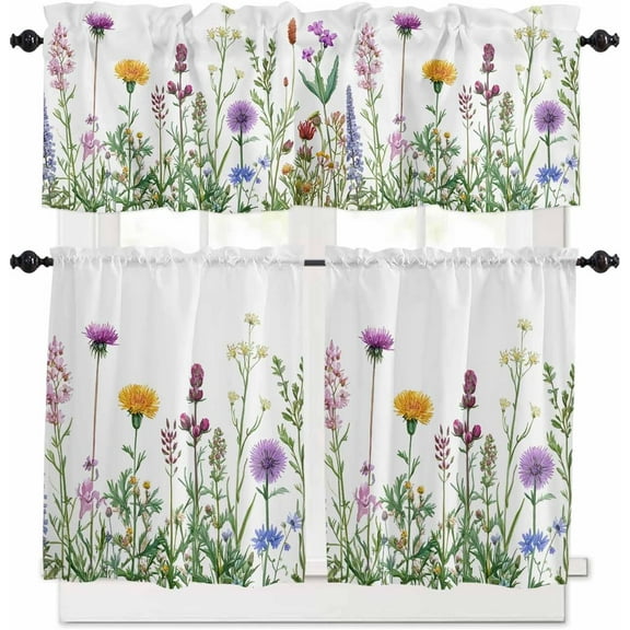 Spring Flower Kitchen Curtains and Valances Set, Purple Yelllow WildFlower Rod Pocket Window Valance 18 Inch Plants Farmhouse Window Curtain Panels for Living Room Bedroom Laundry, 27.5x36in, 3 Pieces