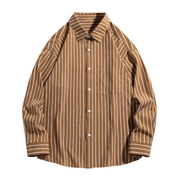 pstuiky camisas de manga larga para hombre, Camisa de manga larga con cuello vuelto, rayas y botones para hombre camisetas de hombre l