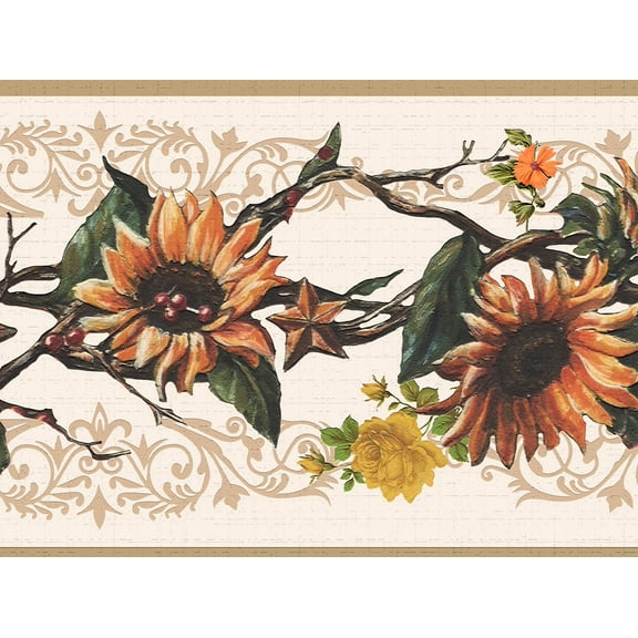 Dundee Deco's Peel and Stick Wallpaper Border - Nature Tan Yellow Orange Flowers on Vines Wall Border Retro Design, 15 ft x 7 in, Self Adhesive