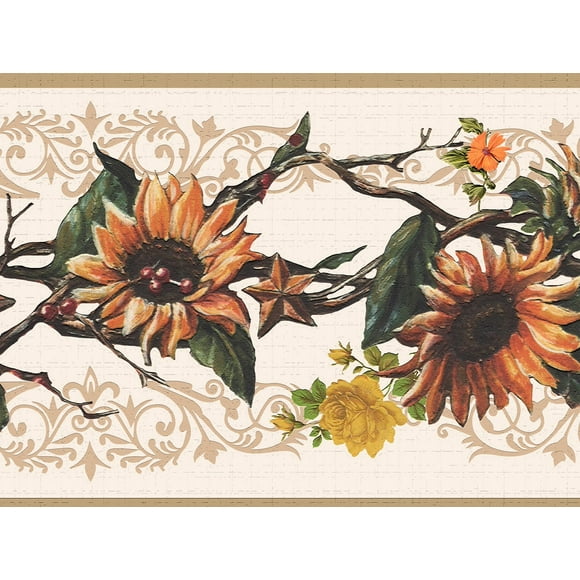 Dundee Deco's Peel and Stick Wallpaper Border - Nature Tan Yellow Orange Flowers on Vines Wall Border Retro Design, 15 ft x 7 in (4.57m x 17.78cm), Self Adhesive
