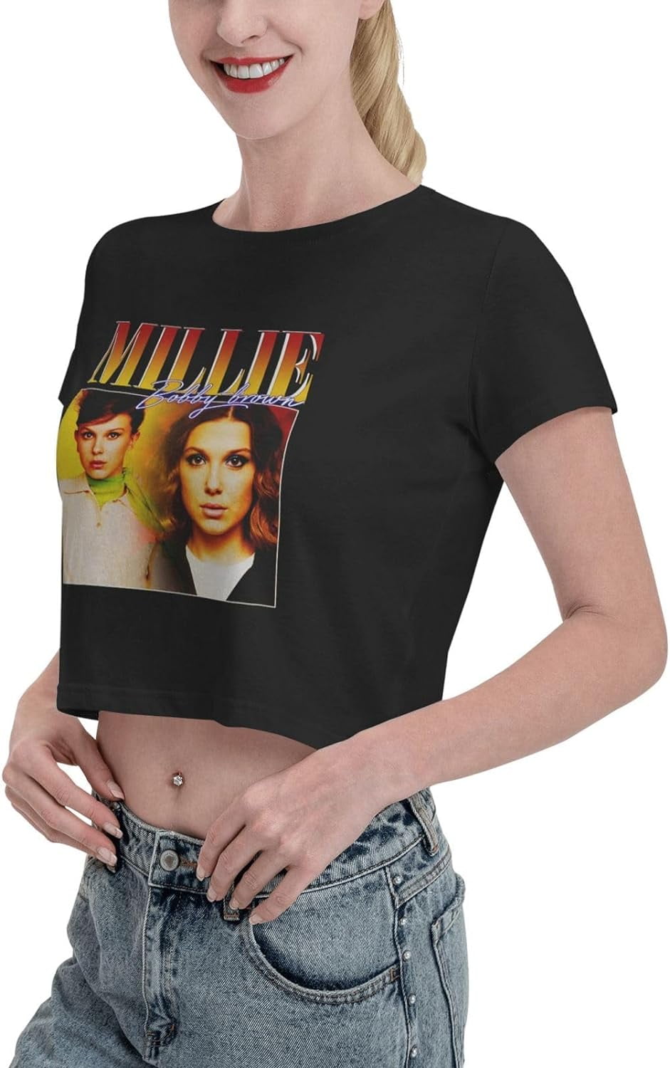 Millie Bobby Brown Leak Navel T Shirt Female Casual Tops