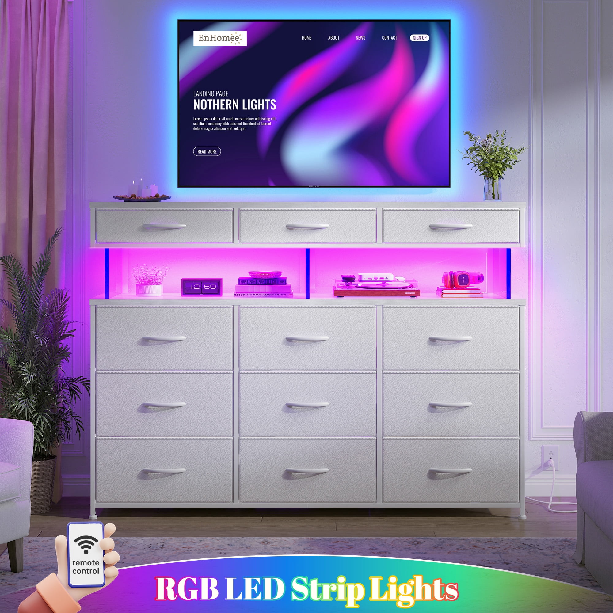 Dresser for Bedroom with 12 Fabric Drawers,Dresser with LED Lights and Charging Station,Chest of Drawer for Entryway,Living Room,Closet,White