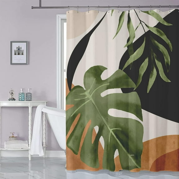 Abstract Tropical Shower Curtain Plant Palm Leaf Botanical Shower Curtains Waterproof Polyester Fabric Shower Curtain Set with 12 Hooks Bathroom Decor, 72x72 Inches