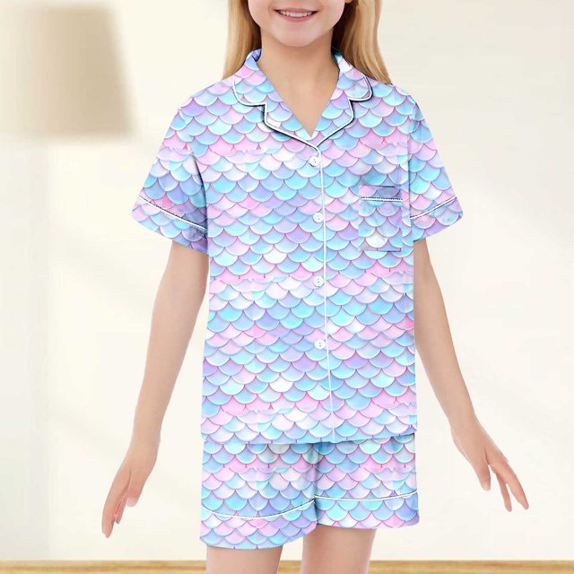 Toddler Girls Gradient Scale Print Pajama Set Two Piece Summer Short Sleeve Sleepwear Outfit