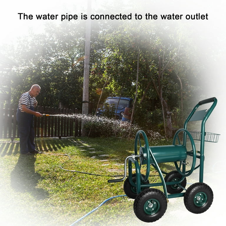 Garden Water Hose Reel Cart 4-Wheel Lawn Watering Outdoor Heavy Duty Yard Water Planting, Size: 10, Green