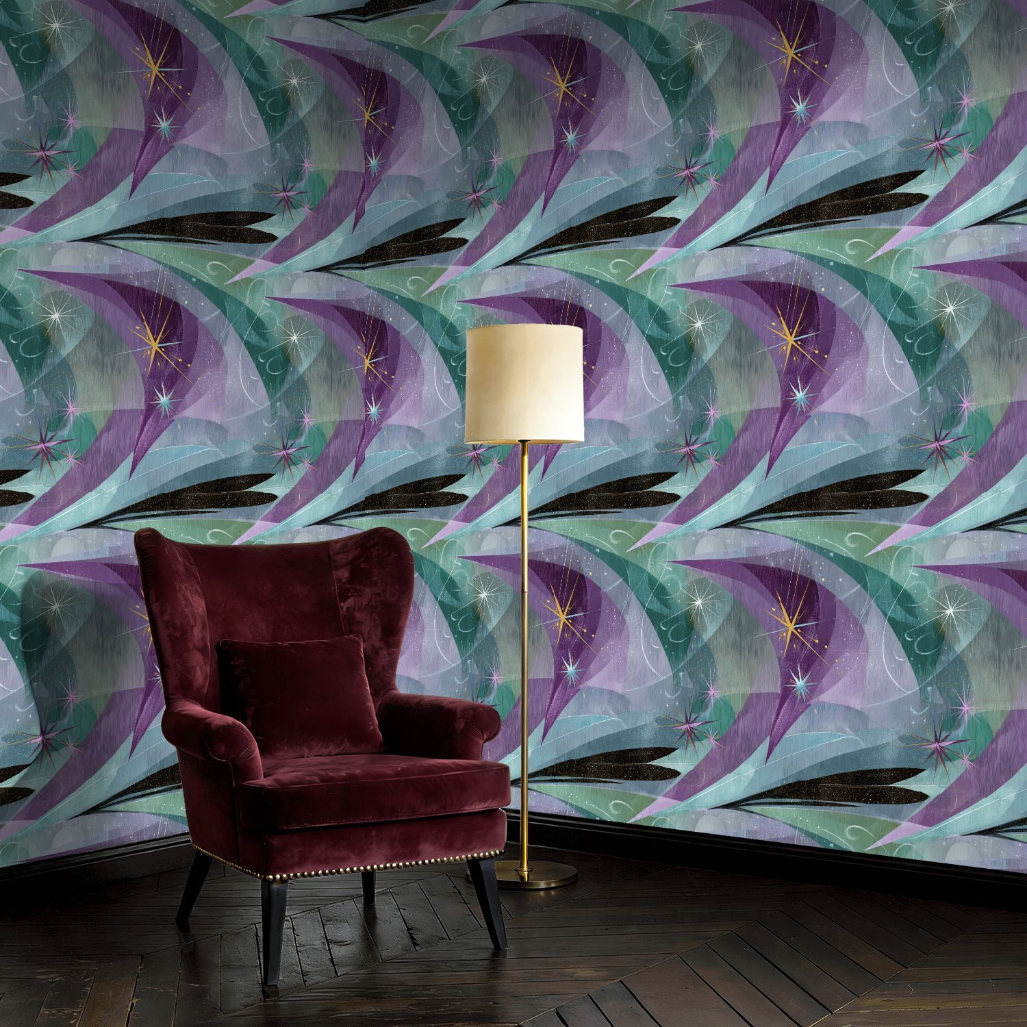 Mid Century Peel and Stick Wallpaper Abstract Geometric Star Patterns Mint Purple Gold 60s Style Wall Mural 17.7in x 9.8ft Self Adhesive Removable Wall Paper Renter Friendly Wallpaper for Bedroom
