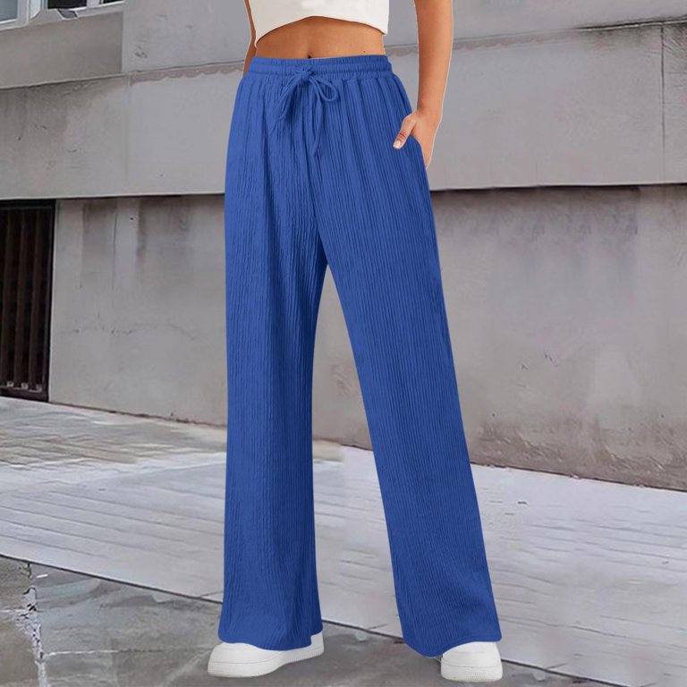 Chiclily Women's Wide Leg Lounge Pants with Pockets Lightweight High  Waisted Adjustable Tie Knot Loose Trousers, US Size Medium in Blue Gray 