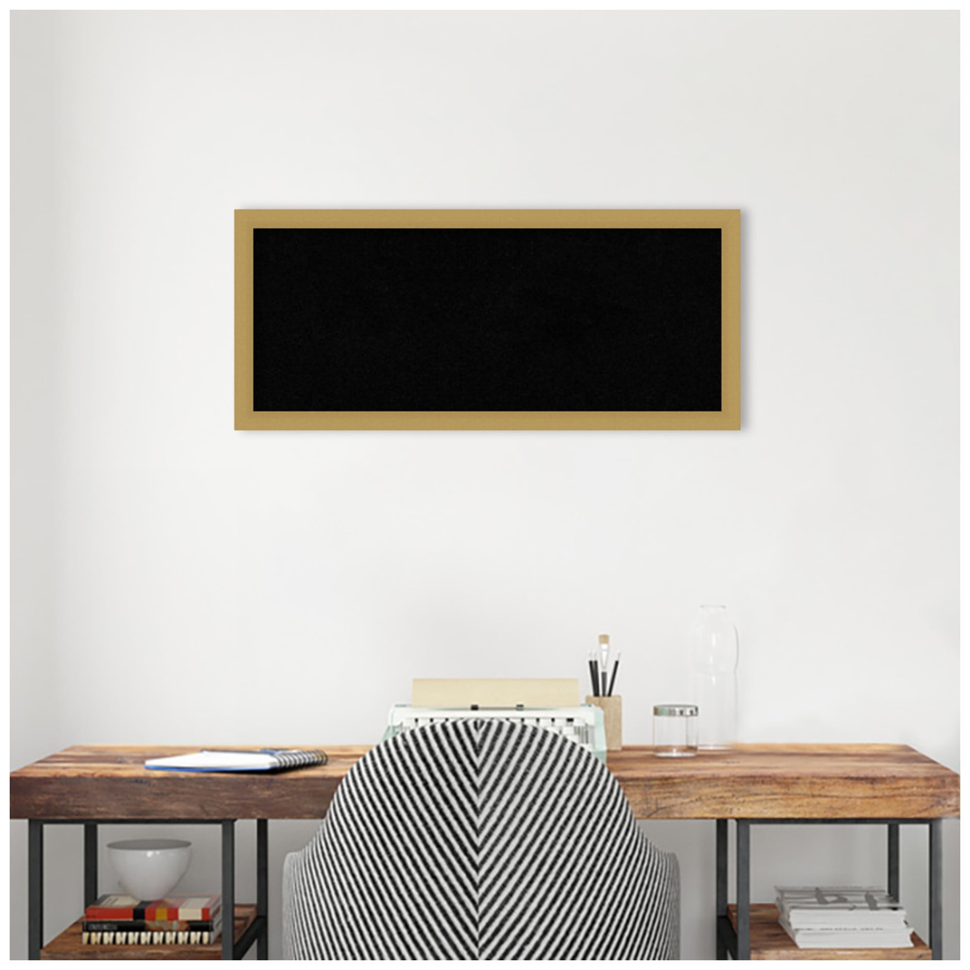 Amanti Art Black Cork Board Framed Grace Brushed Gold Narrow Bulletin Board 32 in. x 14 in.
