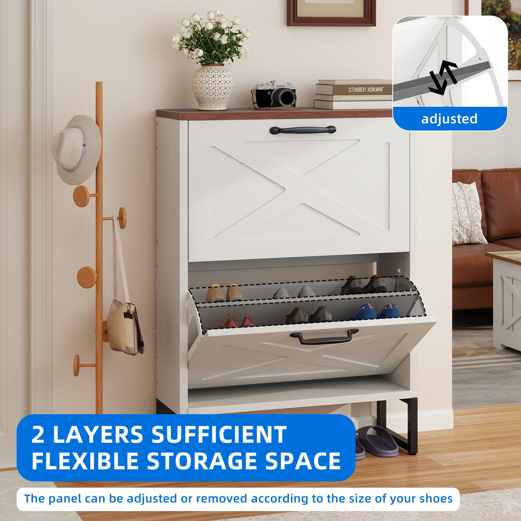 Uforic Shoe Cabinet with 2 Flip Drawers, Free Standing Shoe Racks Storage Cabinet with Metal Legs , Famhouse Shoe Rack Organizer Narrow Closet for Entryway Hallway,White