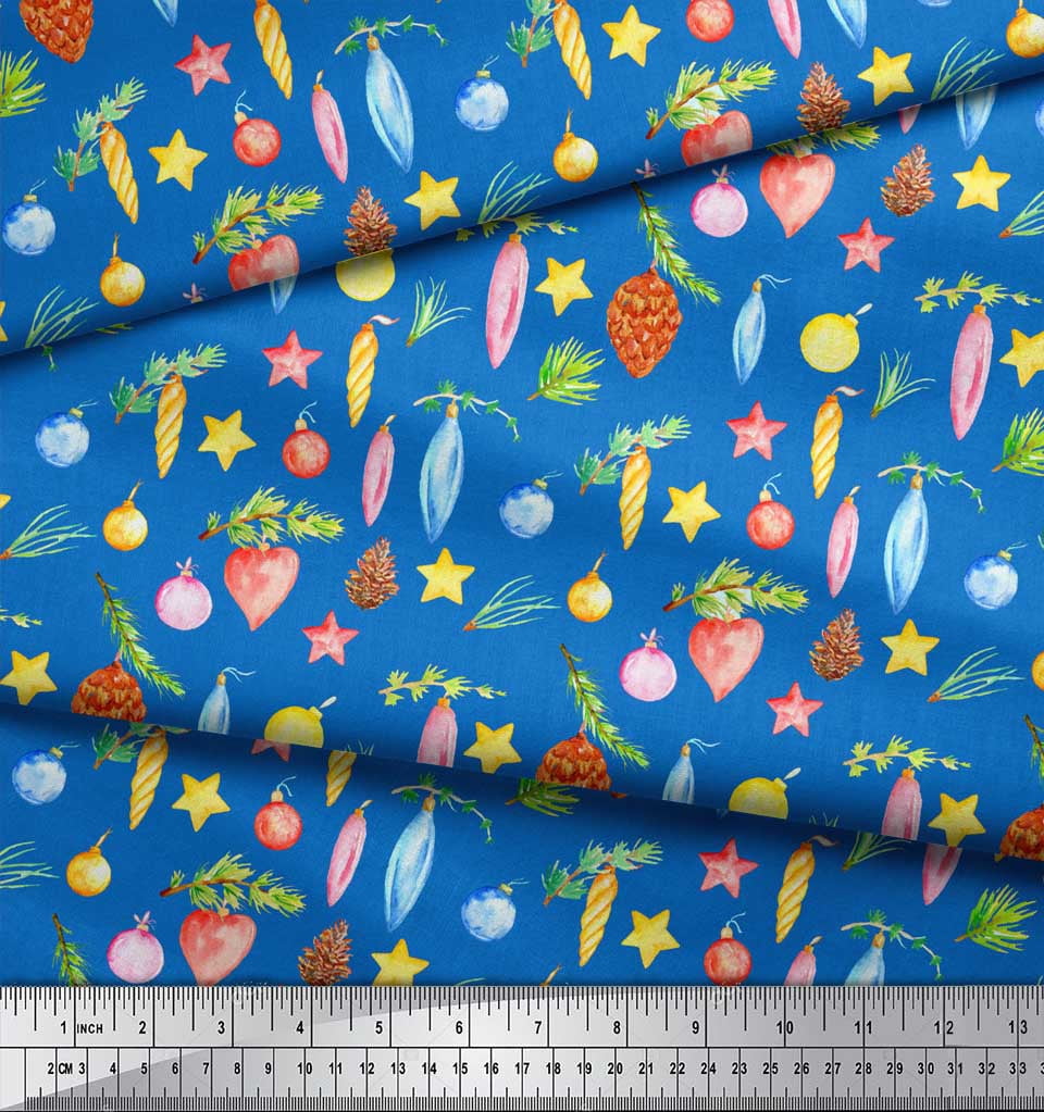 Soimoi Blue Heavy Satin Fabric Star & Baubles Christmas Printed Fabric 1 Yard 54 Inch Wide