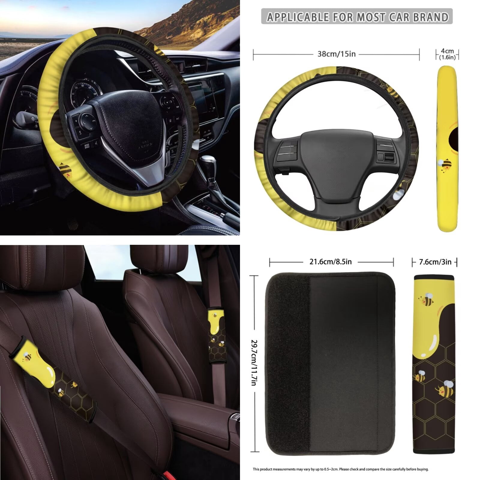 Garronmavis Bee Honey 16 Pcs Car Accessories Set Car Seat Belt Pads Cover Auto Keychain Holder Gear Shifting Knob Cover Cup Mats Front Window Sunshade Rearview Mirror Cover
