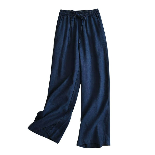 VEKDONE Pantalon Long en Lin pour Femmes Marine L