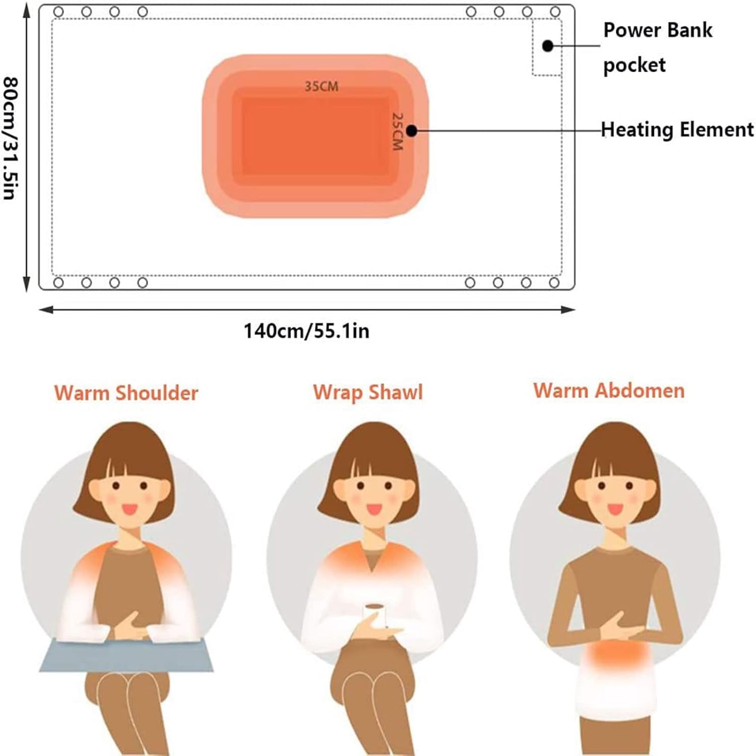 Battery Electric Heated Blanket King Size - Cordless, Rechargeable USB Heating Blanket for Bed, Sofa & Outdoor Use