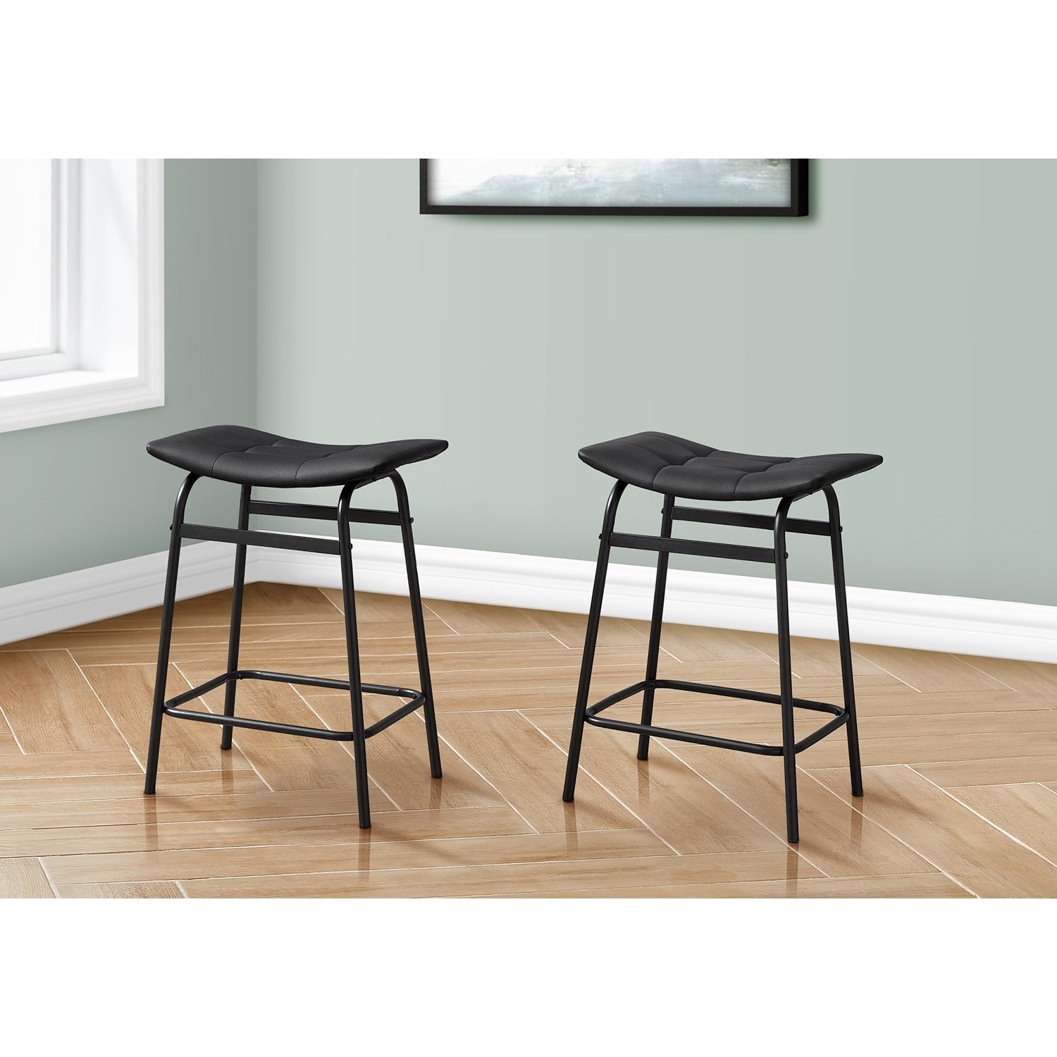 Monarch Specialties Barstool, Counter Height, Set Of 2, Kitchen, Black Leather Look, Black Metal, Contemporary, Modern
